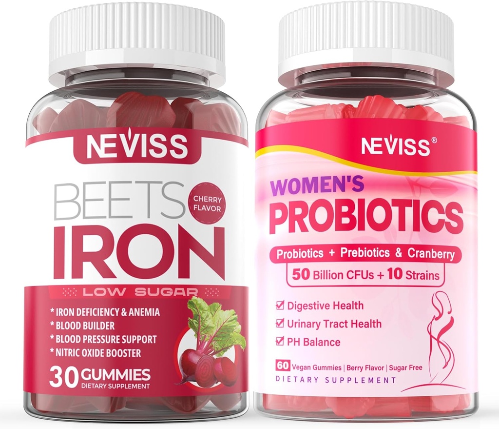 NEVISS Gummies de suplemento de hierro vegano, hierro suave + Probióticos para las mujeres Gummies