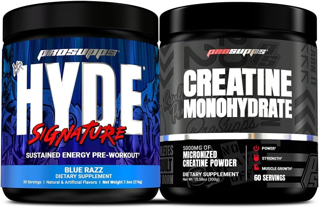 PROSUPPS Hyde Signature Sustained Pre-Workout, Blue Razz, 30-Servings and Creatine 300 Bundle