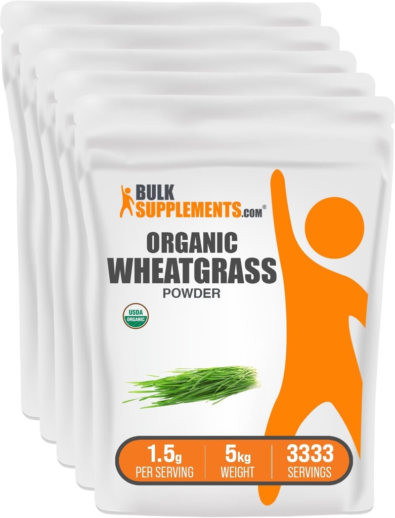 BulkSupplements.com Orgánica Wheatgrass Powder - Orgánico Super Verdes Polvo, Superalimentos Suplemento - Vegan & Gluten Gratis, 1,5g por Serving, 1kg (2.2 libras) (Pack of 5)