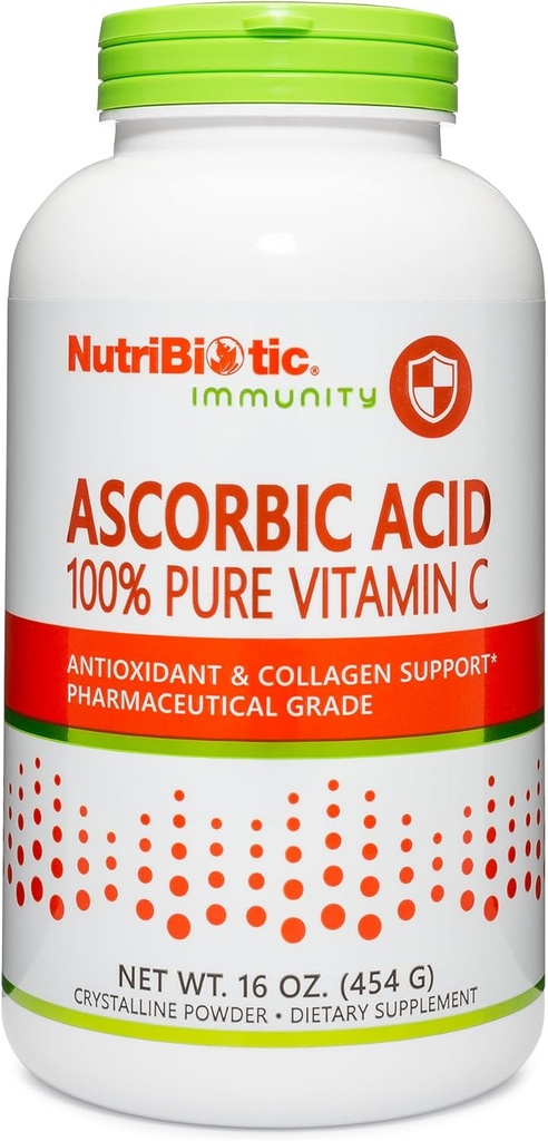 NutriBiotic Ascorbic Acid Vitamin C Powder, 16 Oz TEN Pharmaceutical Grade L-Ascorbic Acid, 2000 Mg Per Serving ← Essential Immune & Antioxidant Collagen Support Suplemento  Vegan, Gluten & GMO Gratis