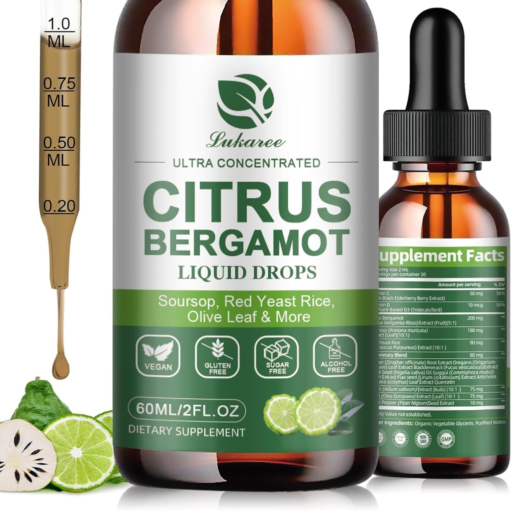 Citrus Bergamot gotas líquidas - Suplemento natural con Soursop, Levadura Roja, Ajo, Hoja de Oliva, Pimienta Negra - Alta Absorción - Soporte Bienestar general* - Soursop Bitters Liquid, 2 Fl Oz