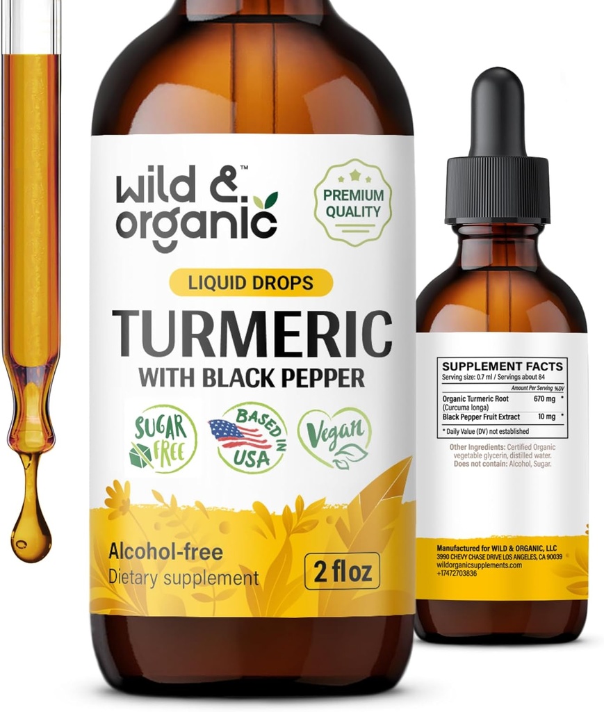 Suplemento de Turmérico Salvaje y Orgánica Liquido - Soporte Conjunto - Curcumina Turmérica con Extracto de Pepper Negro - Gotas de raíz de la cúrcuma - Vegan, Azúcar " Tintura libre de alcohol - 2 fl oz