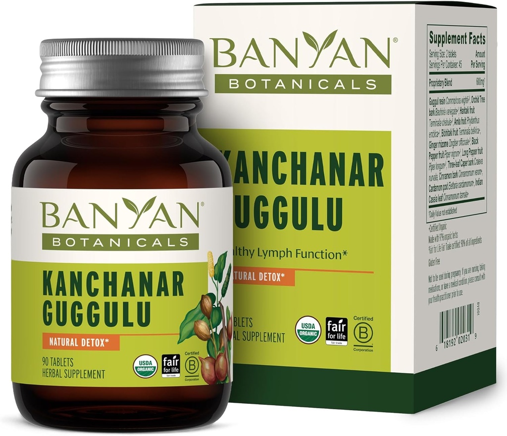 Banyan Botanicals Kanchanar Guggulu Tablets – Suplemento de linfa orgánica con Guggulu Resin – promueve la eliminación saludable de las toxinas naturales* – 90 Tabletas – Non-GMO Fuente sostenible Vegan