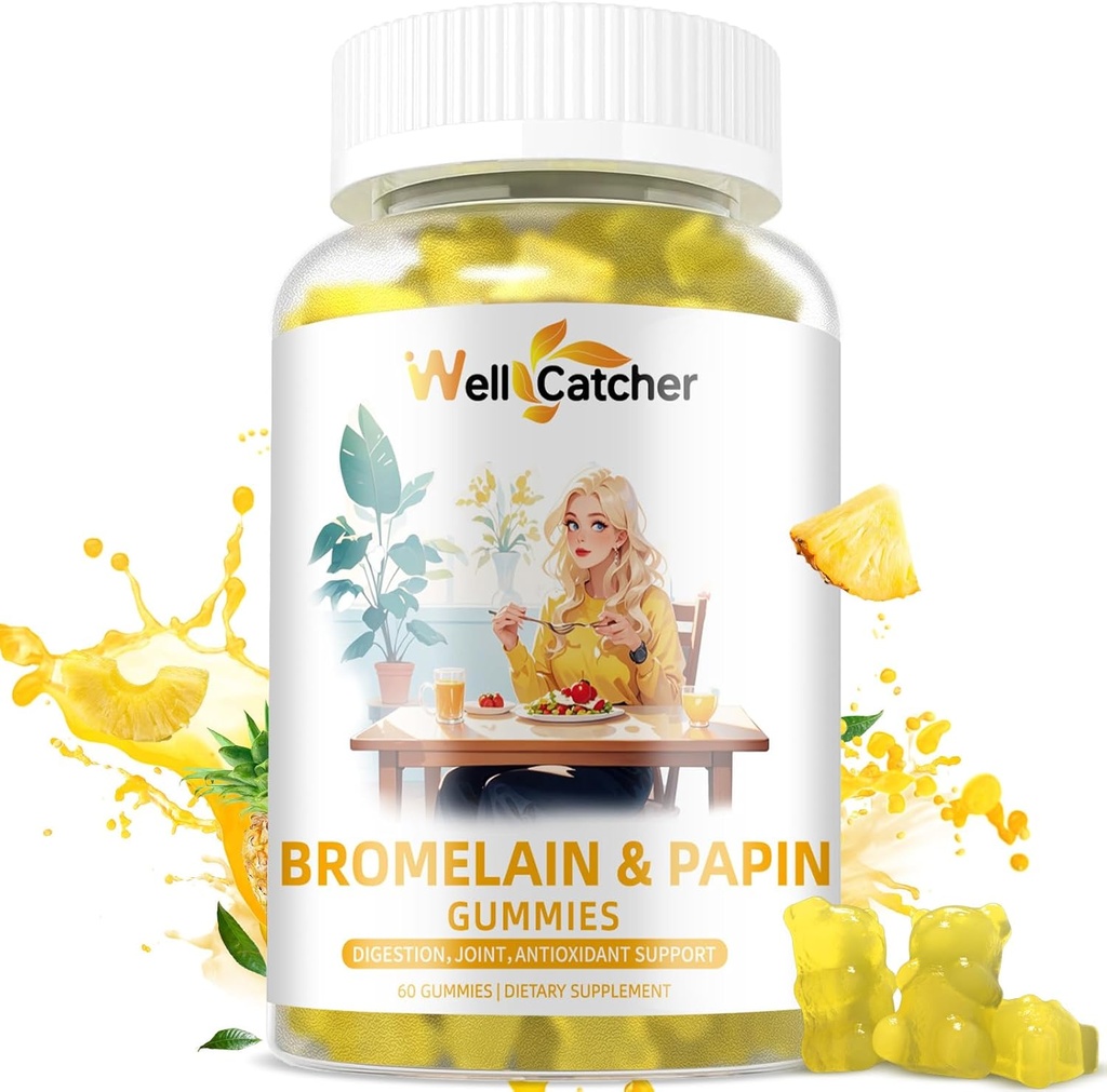 Bromelain Papain Enzyme Gummies Suplemento: Bromelain 500MG con Gummies Querectin para Adultos Niños, Bromelaina orgánica Papaya Enzymes Chewable for Digestive Support Immunity Antioxidant Vegan 60CT