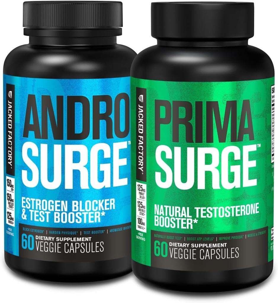 Jacked Factory Testosterone Booster para Hombres Silencio Estrogen Blocker con Tongkat Ali - Androsurge Anti-Estrógeno + Primasurge Natural Test Booster - para el crecimiento muscular, vitalidad, energía, 30 días de suministro