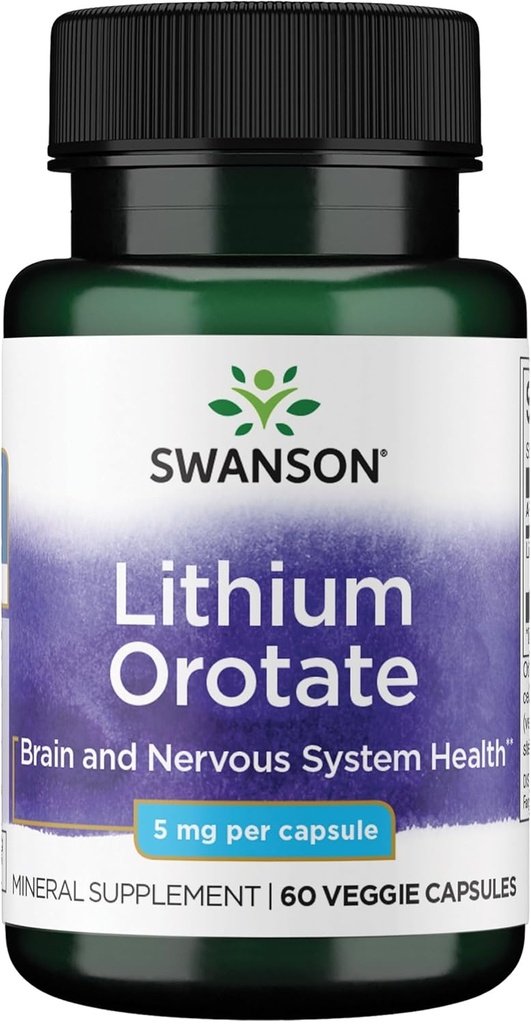 Swanson Lithium Orotate Antioxidant Mood Emotional Wellness Behavior Memory Support Suplemento 5 mg 60 Veggie Capsules (Elemental Lithium)