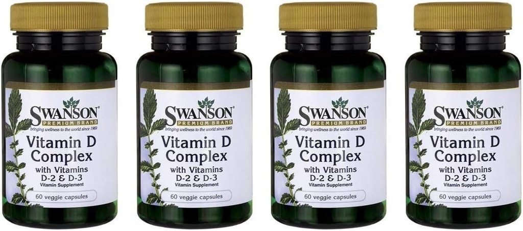 Complejo de vitamina D Swanson con vitaminas D2 & D3 - Complejo completo de vitaminas Sunshine para la salud ósea, dental e inmunitaria - Suplemento de vitaminas ( 50 mcg, 60 cápsulas vegetales ) 4 Pack