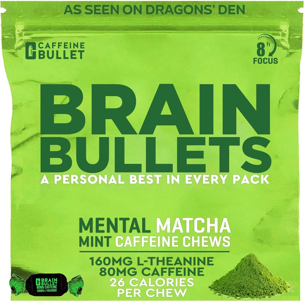 80mg Caffeine & 160mg L-Theanine Focus Enhancing Energy Chews (16 Servings) – Neuroscience Backed Nootropic Stack, Mental Acuity & Cognitive Support ← Mint Matcha Flavor Brain Bullet
