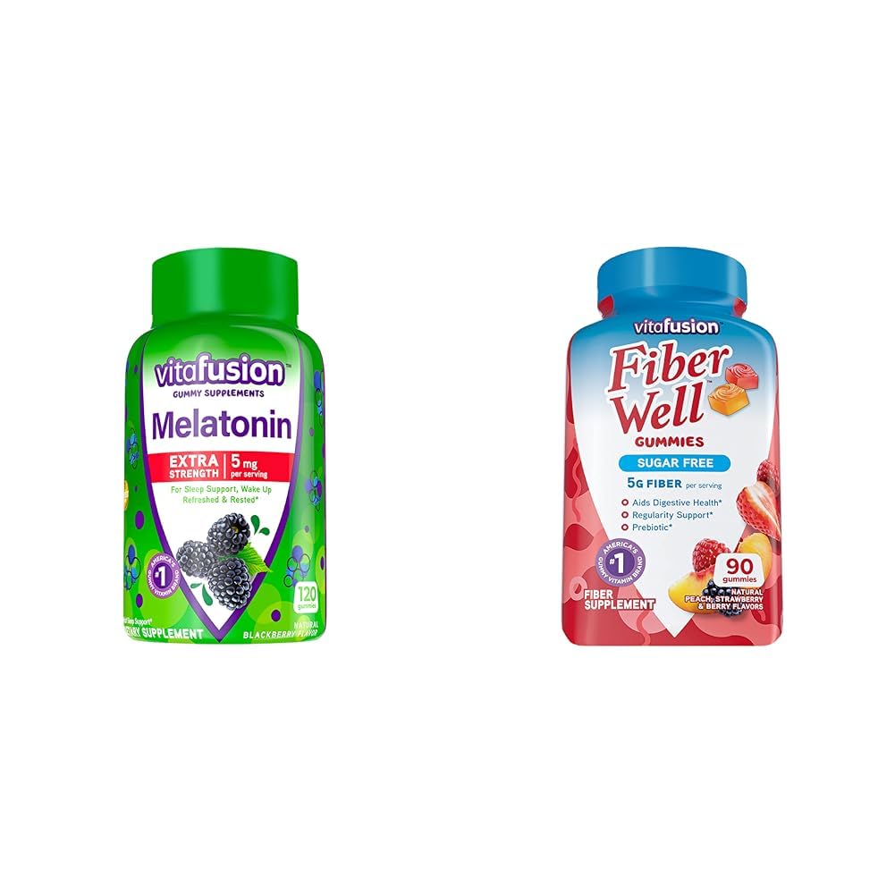 Vitafusion Extra Strength Melatonin Gummy Vitaminas, 5mg, 120 ct Gummies & Fiber Well Sugar Suplemento libre de fibra, Peach, Fresa y BlackBerry Flavored Suplementos, 90 Condes