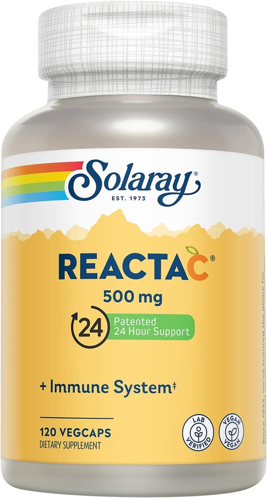 SOLARAY Reacta-C con 500mg Vitamina C, 200mg Concentrado Bioflavonoide, Immune System Defense Vitamins, Patented 24 Horas Immunity Booster Support Suplemento, Vegan, 120 cápsulas, 120 Serviciones.