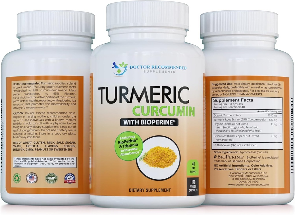 Curcumina Turmérica - 2250mg/d - Cápsulas Veggie - 95% Curcuminoides con Pimiento Negro Extracto (Bioperina) - 750mg Cápsulas - 100% Orgánico - Suplemento Turmérico Más Poderoso con Triphala (120 Conde)