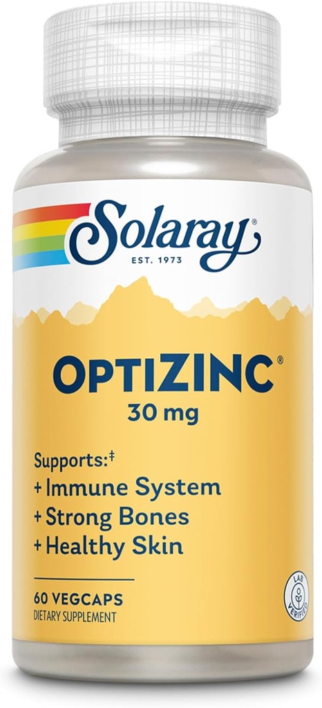SOLARAY OptiZinc 30mg Suplemento de Apoyo Inmunitario - Suplementos de zinc para hombres y mujeres w/Vitamin B6 - Huesos fuertes y soporte de salud de la piel - alta absorción - Garantía de 60 días, 60 servicios, 60 VegCaps