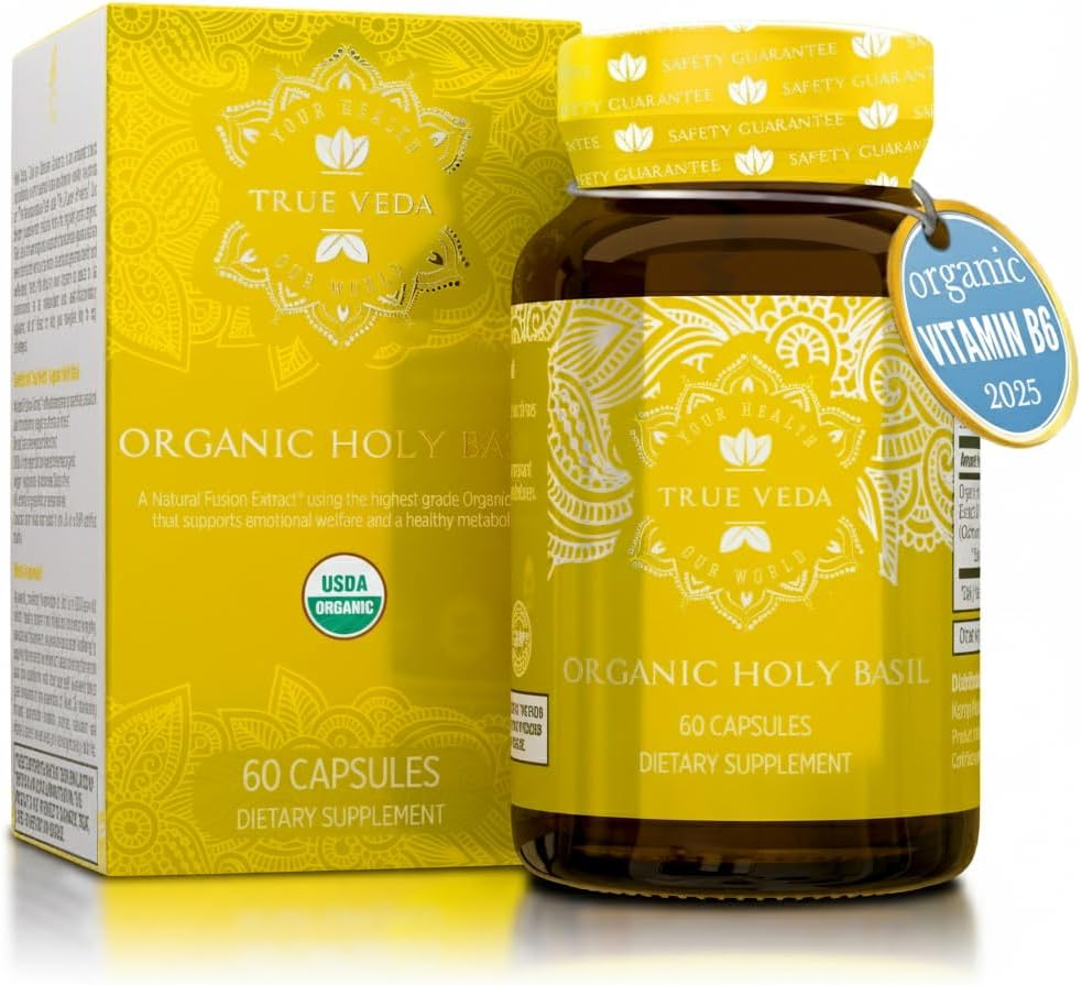 Santa Basil Capsules - USDA Vitamina Orgánica B6 Cápsulas  sometidas High Strength Vitamin B6 y 2.5% Ácido ursolico  Tulsi Santa Cápsulas de la hoja de basil peru Holy Basil Extract 15:1  Herbal Supplement tención 60 Píldoras Vegan