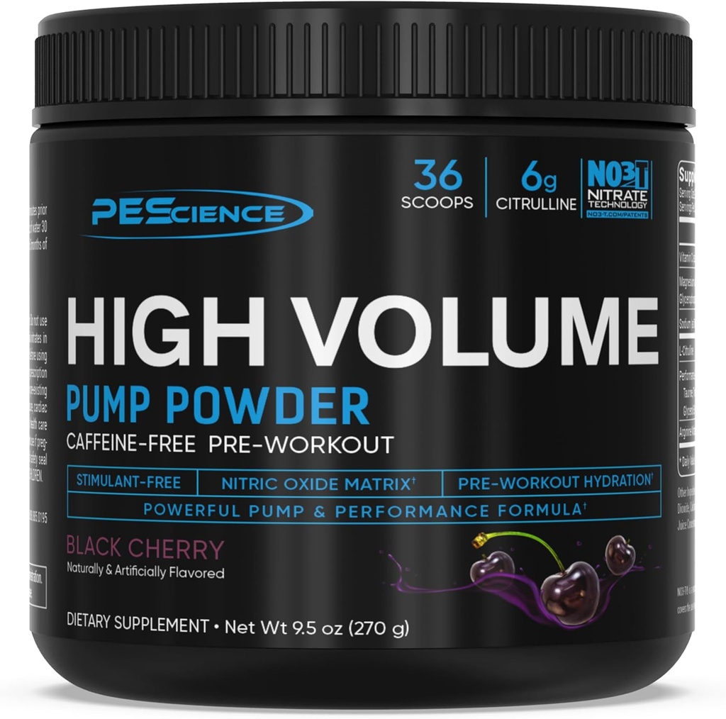 PEScience Bomba de Booster de Oxido Alto Volumen Pre Powder de entrenamiento, cereza negra, 36 Scoops, Caffeine Gratis