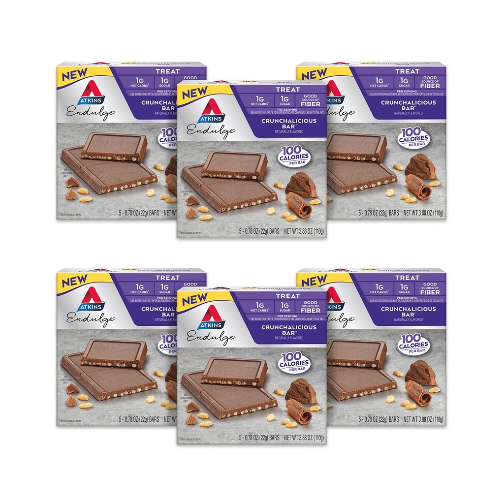 Atkins Endulge, Crunchalicious Bar, 1g Net Carbs, 1g Sugar, Good Source of Fiber, 5 Count (Pack of 6)