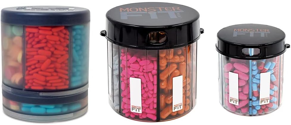 Monster Supplement Medication Pill Dispenser with Compartment Labels - Extra Large Pill Container Bottle Handles Almost Any Supplement - Easy to Dispense (3 Pack - Monster, Monster Jr & Monster Ten)
