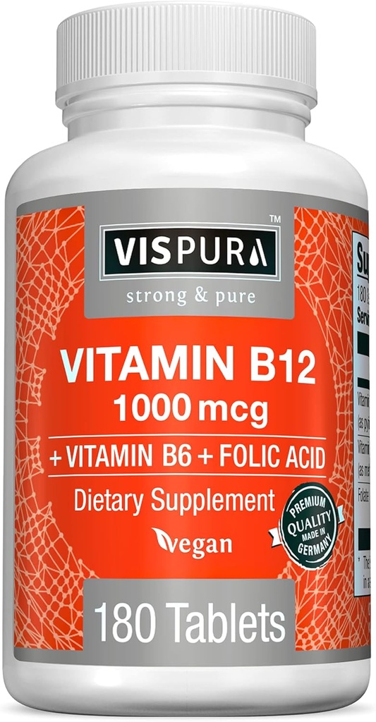 VISPURA Vitamina B12 1000 mcg Methylcobalamin + B6/Acid alimentario, 180 tabletas vegas, el mejor suplemento para aumentar la energía, mejorar el mood, Sharpen Focus*, Suplemento orgánico