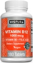 VISPURA Vitamina B12 1000 mcg Methylcobalamin + B6/Acid alimentario, 180 tabletas vegas, el mejor suplemento para aumentar la energía, mejorar el mood, Sharpen Focus*, Suplemento orgánico