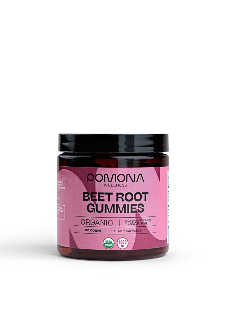 Pomona Wellness Orgánica Potent Beetroot Powder Gummies 1000mg – Sugar Free, Nitric Oxide Supplement - Natural Strawberry and Apple Flavor, Vegan, 60 Conde