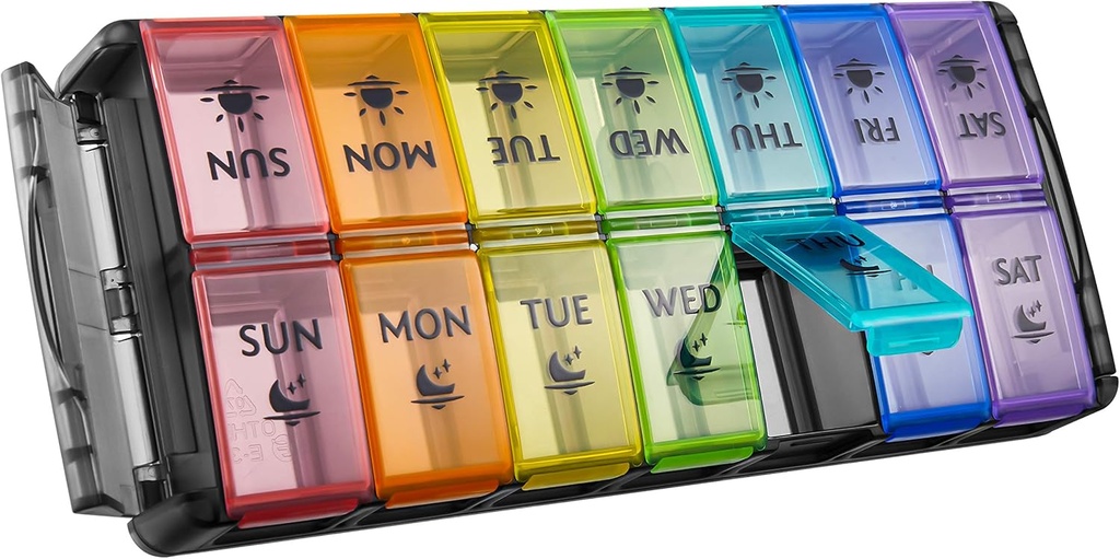 Organizador semanal de píldoras 2 veces al día Gran 7 Día Fácil Llenar 2020 Última Versión NuLeaf AM PM Pill Box Casos de gran impacto diario Caja de medicina - Rainbow Black (Patente registrado)