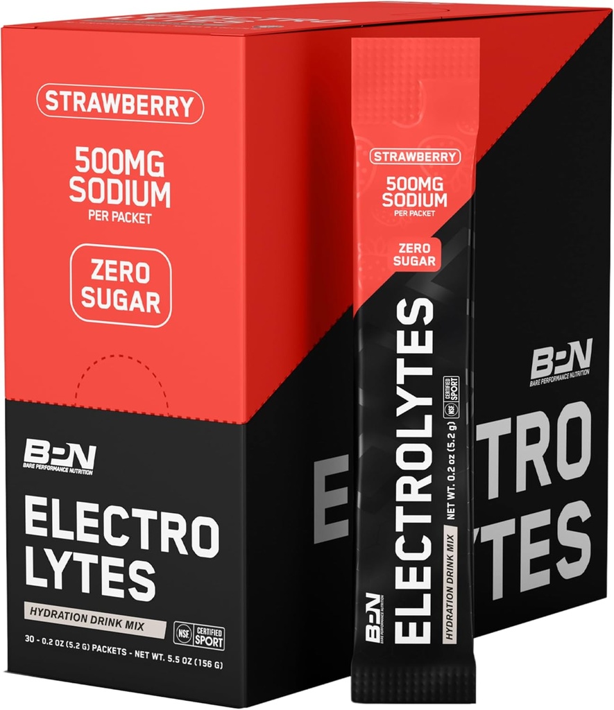 BARE PERFORMANCE NUTRITION BPN Electrolytes Go Packs Hydration Drink Mix ¦ Sugar Free Electrolyte Powder TEN 500mg Sodium per Serving TEN Naturally Sweetened ← Fresa 30 Serviciones