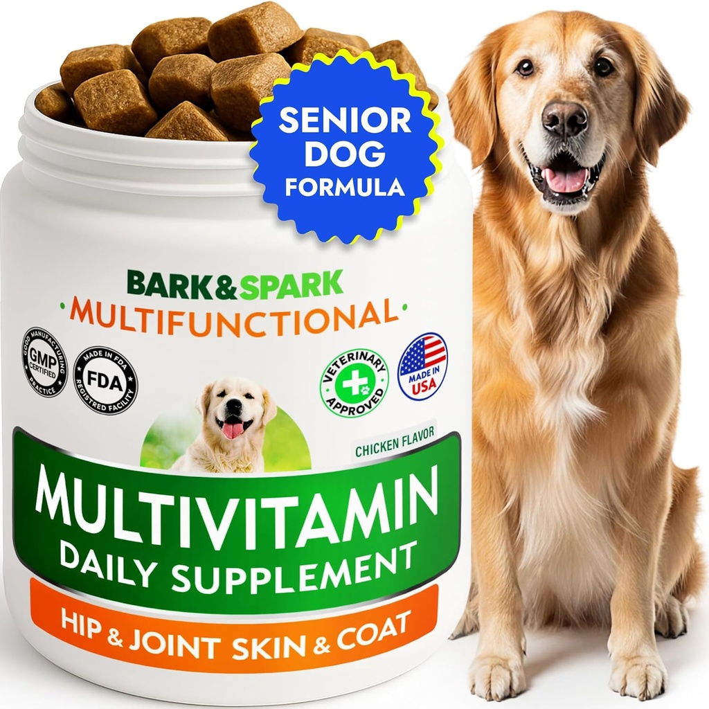 BARK Vitaminas de perros " Suplementos - Trucos multivitamínicos para perros - Condroitina de Glucosamina para soporte conjunto + Omega para piel " Coat + Probióticos - Vitamina Multi para Mascotas Salud - 120Ct