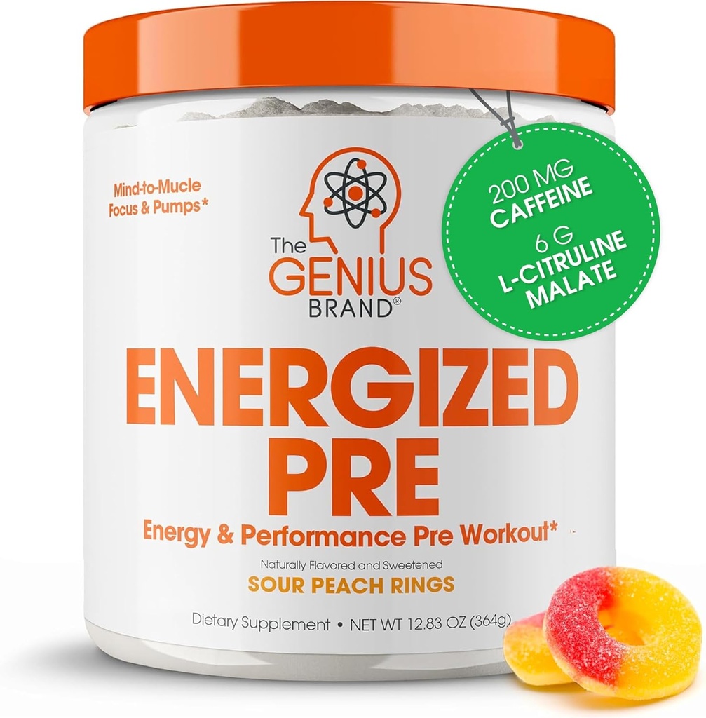 Genius Energized Pre Workout Powder – Caffeine Infused Pre-Workout Booster Suplemento con Beta Alanine & Alpha GPC, Sin Sweeteners artificiales o Dyes - 200mg Caffeine, 20 Servings, Sour Peach Anillos