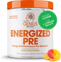 Genius Energized Pre Workout Powder – Caffeine Infused Pre-Workout Booster Suplemento con Beta Alanine & Alpha GPC, Sin Sweeteners artificiales o Dyes - 200mg Caffeine, 20 Servings, Sour Peach Anillos