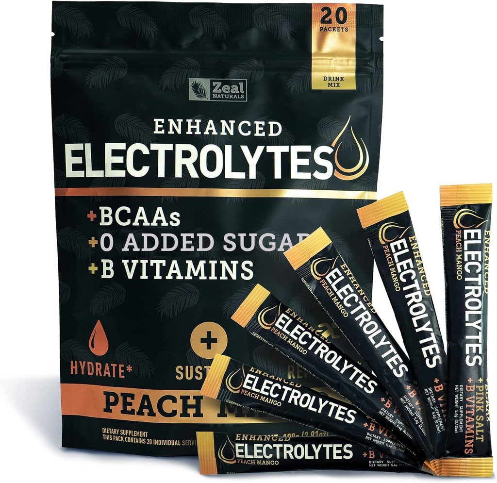 Pólvora electrolítica mejorada (Peach Mango 20pk.) w 0 Sugar +BCAAs +B-Vitamins Electrolyte Suplemento w Potassium Zinc &amp; Magnesium for Hydration - Keto Electrolytes