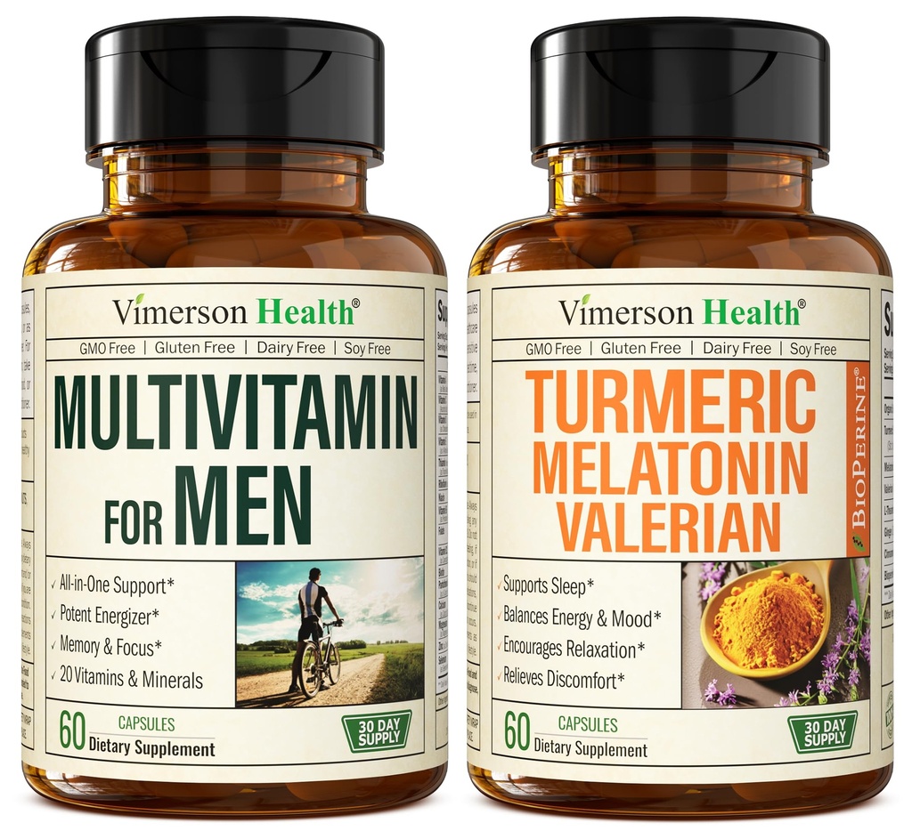 Mens Multivitamins + Turmeric Melatonin Valerian Bundle for Joint Support and Discomfort Relief, Immune Health & Inflammatory Response