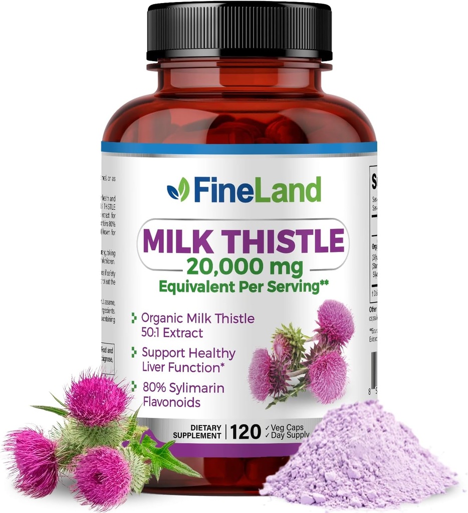 FineLand Milk Thistle Pills 50:1 Extract – 120 Vegan Capsules - 20,000 mg Strenght with 80% Silymarin Flavonoids – Liver & Antioxidant Support ⋅ 50X Concentrated Seed Extract - Non-GMO, Made in USA
