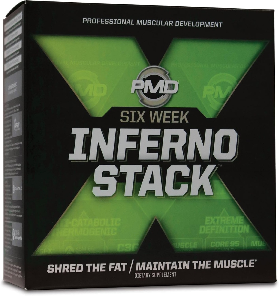 PMD Sports Six Week Inferno Stack - Maximum Strength Fat Burner y CLA Omega Fatty Acid to Lose Fat Fast y Aumentar el tono muscular - Arsenal X Inferno/120 Gels líquidos, Omega Cuts Elite/180 Softgels