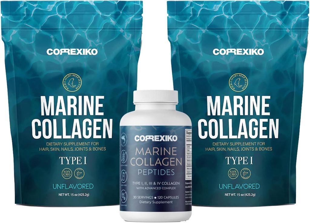 CORREXIKO 2X Marine Collagen Powder (15oz) & 1x Marine Capsules Bundle