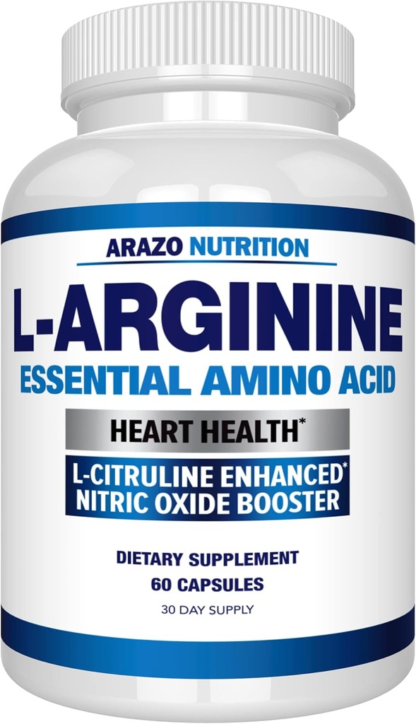 Arazo Nutrition Premium L Arginine - 1340mg Nitric Oxide Booster con L-Citrulline & Essential Amino Acids for Muscle Gain and Energy - Powerful NO Booster to Train Longer & Harder – 60 cápsulas