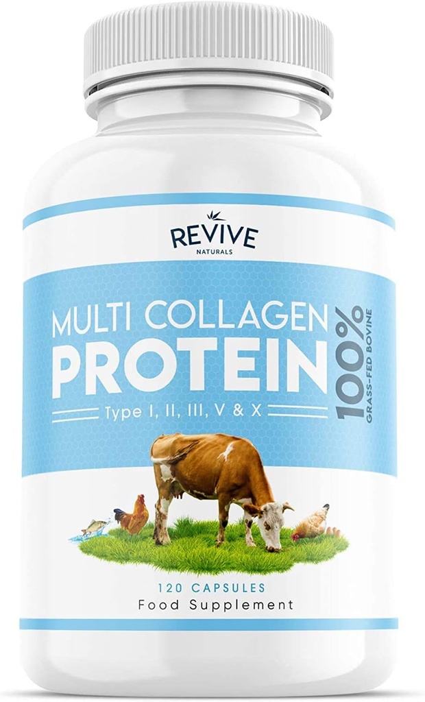 [BRSWYZQYBF6AKFI7] Revive Naturals Multi Collagen Protein Capsules - Tipos I, II, III, V & X - Hidrolysed Grass Fed Bovine, Wild Caught Marine & Free-Range Chicken, Made with Hyaluronic Acid & Vitamin C, 120 Caps