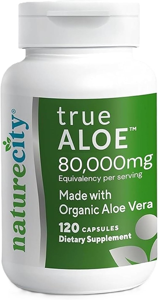 NatureCity True-Aloe Gut Health Support – 80,000mg Aloe Vera Gel Equivalent Por Serving – Organic Aloe Vera (120 cápsulas) para Digestive, Skin & Joint Support ← Pequeñas píldoras fáciles de cambiar