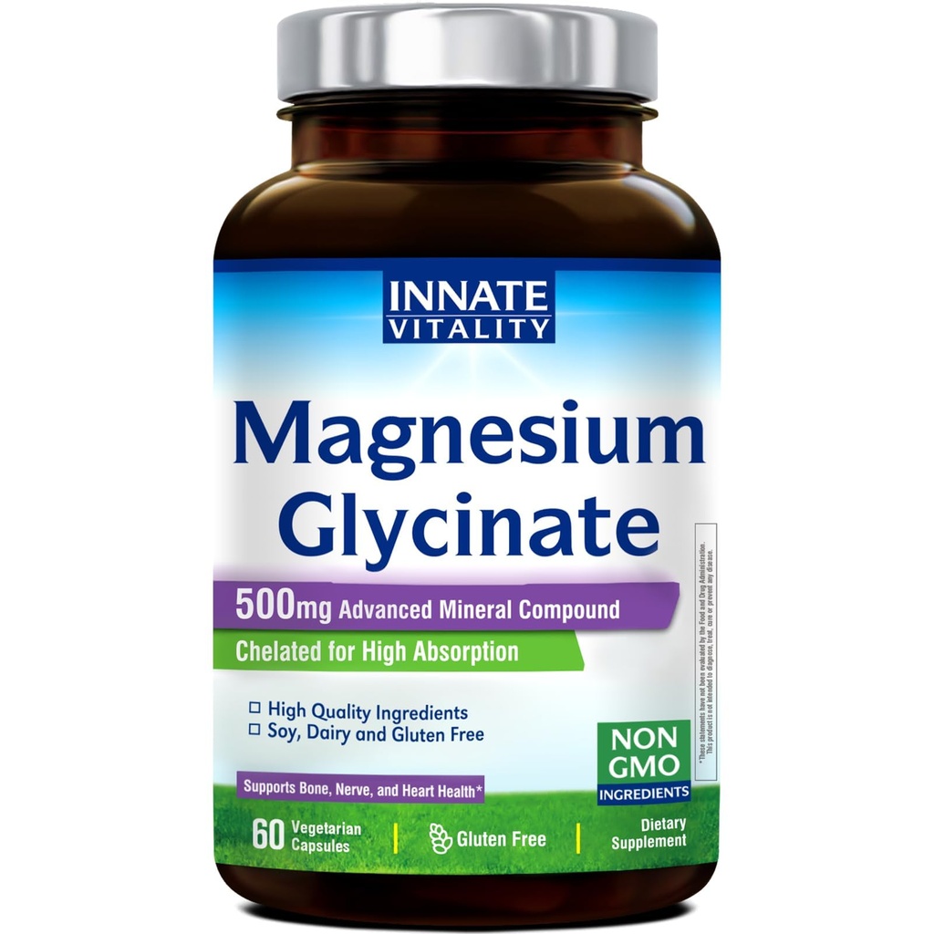 Innato Vitality Magnesium Glycinate 500mg Ø 70mg Elemental Magnesium Supplement- High Absorption, Non Buffered, Non-GMO & No Gluten - Nerve, Bone & Heart Health - 60 Vegan Capsules Magnesio