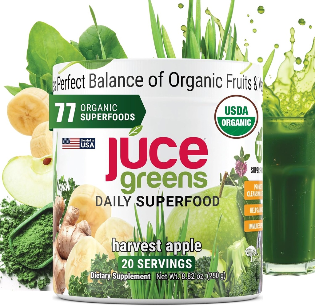 JUCE Green Superfood Powder, Organic Fruits and Veggies Suplemento W/ 77 Superfoods Plus Prebiotic Probiotic Blend, Harvest Apple Flavor - 20 Servings (250 g)