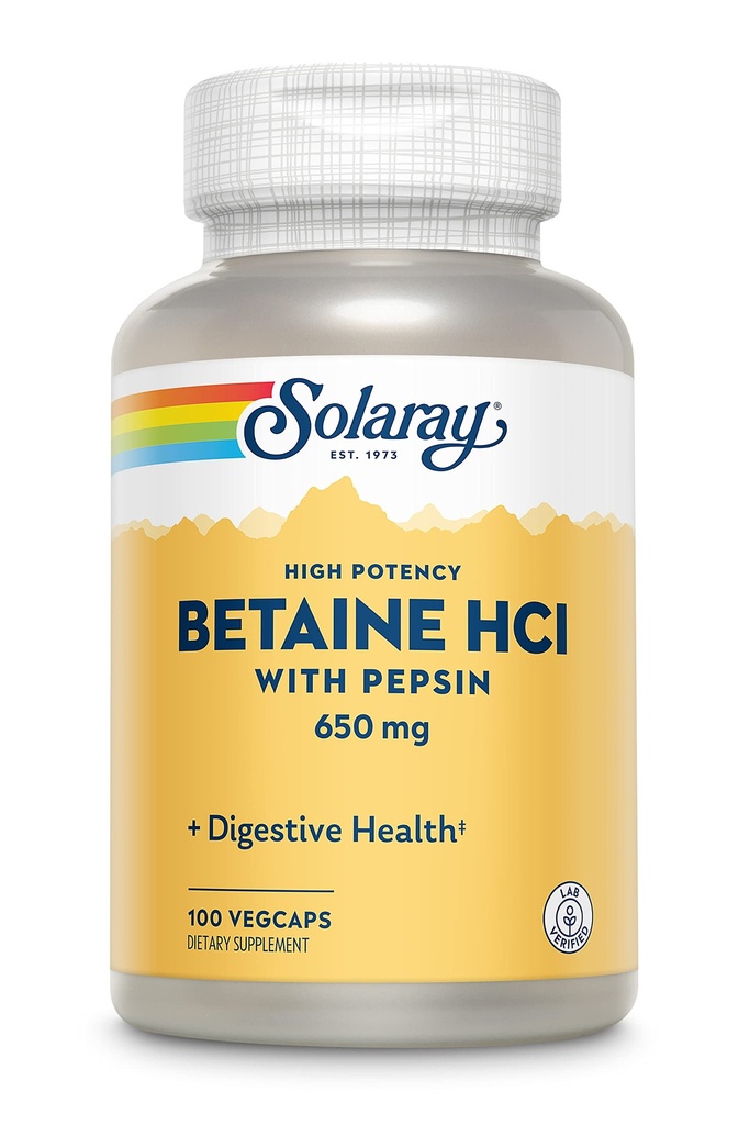Solaray High Potency Betaine HCL with Pepsin - Hydrochloric Acid Supplement for Digestive Health - with Betaine Hydrochloride and Digestive Enzymes - Gut Health Support - 60-Day Guarantee, 100 VegCaps