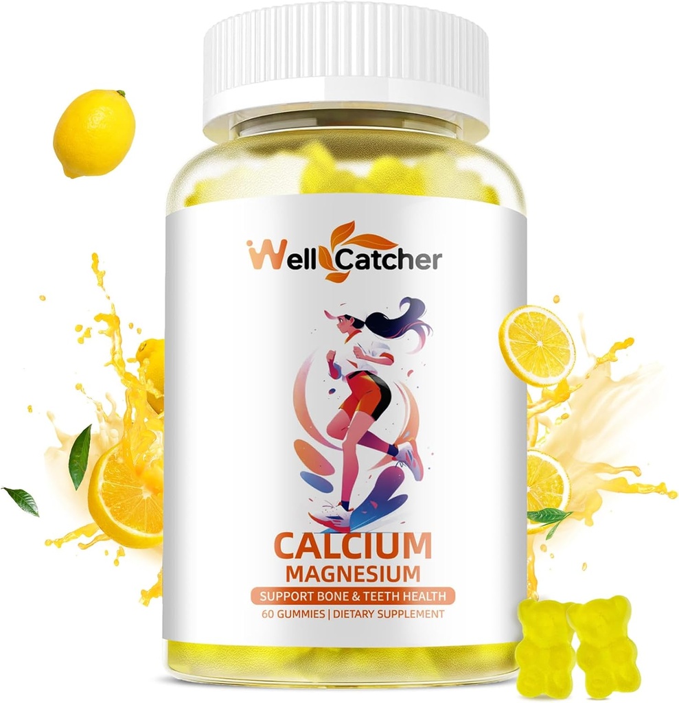 Calcio Magnesio Gummies Adultos Niños - Suplementos de Calcio Vegano de Azucar Libre de Azucar para Mujeres Hombres Soporte Plus Fuerza de Bonificación con Potasio de Zinc Vitamina D3 K2 Sabor de limón 60CT