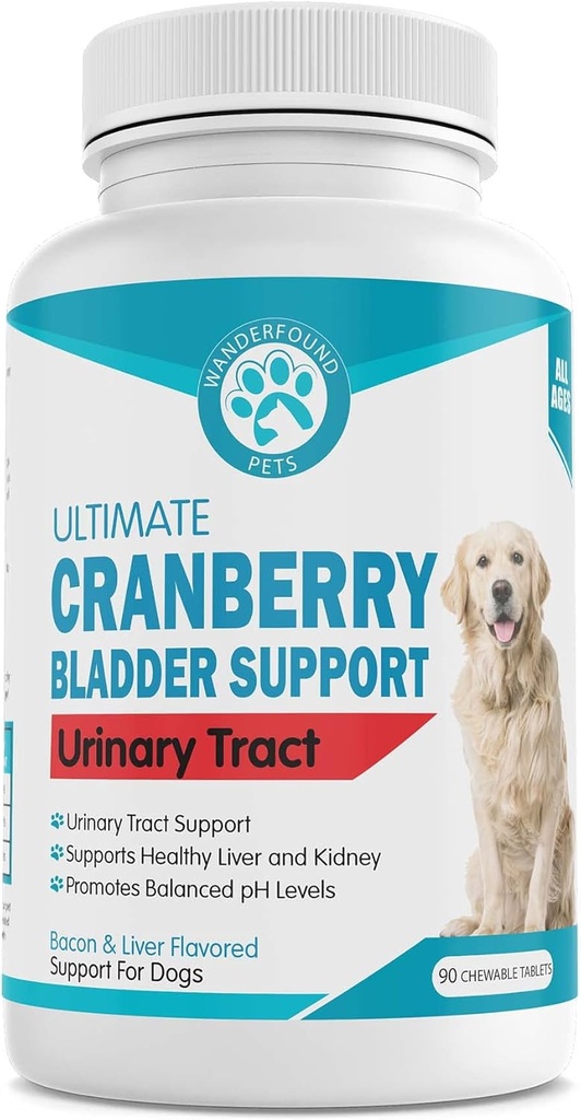 Wanderfound Pets Ultimate Cranberry Bladder UTI Apoyo Suplemento para perros - Incontinencia de la incontinencia de la plaga de perros con Cordyceps Mushroom - Bacon & Liver Flavor - 90 Tabletas Chewable