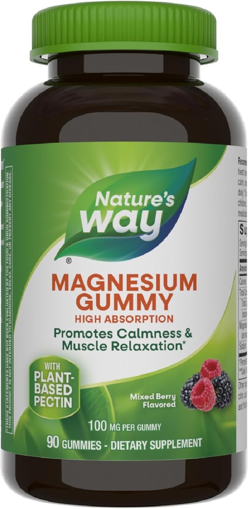 Mangas de magnesio de la naturaleza, promueve la calma*, con citrato de magnesio, frambuesa y frambuesa, 90 gommies