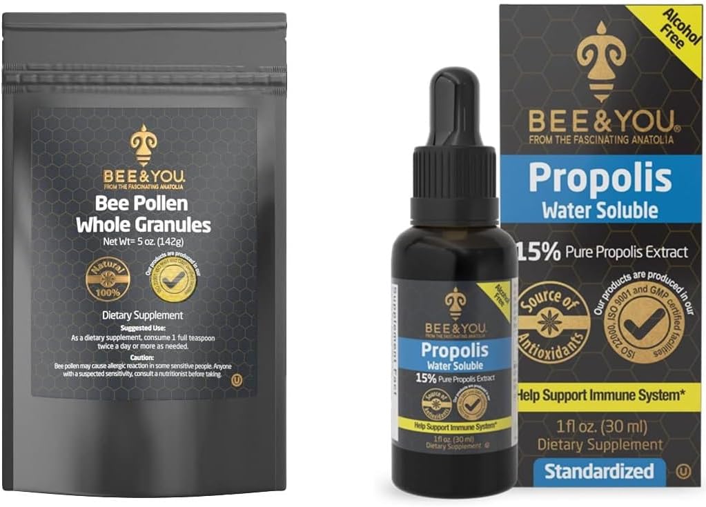 BEE y You Bundle, Bee Pollen Granules, 5oz Bolsa, con 100% Natural Propolis Extract Drops, Ultra Pure, Immune Support Suplemento, Superfood, Antipxidants, Vitaminas,