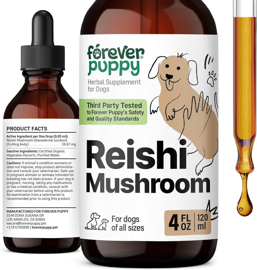 Tintura de baño rojo Reishi para perros - Suplemento de apoyo inmunitario - Mushroom Drops w/Reishi Extract - Vitaminas y Suplementos líquidos - All Breeds & Sizes - Sugar & Alcohol-Free - 4 oz