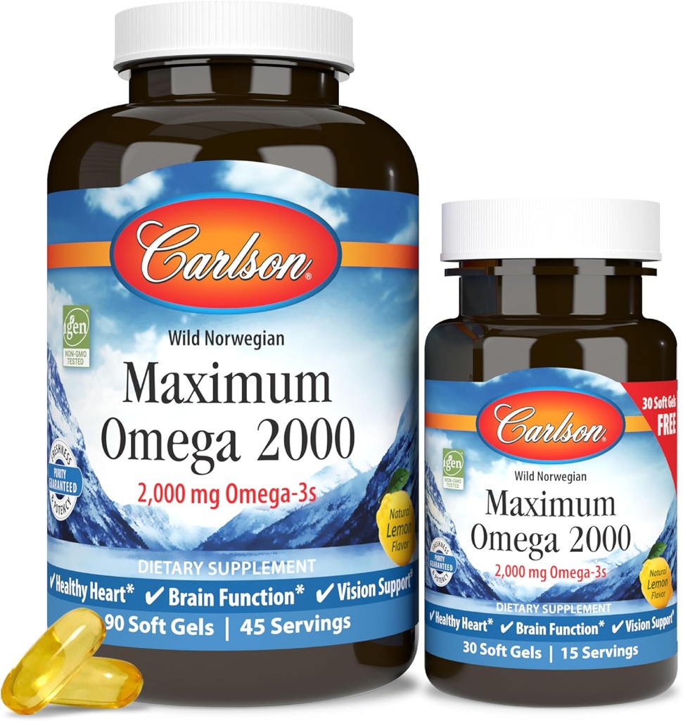 [BRSWECQ5OR4GKFLG] Carlson - Maximum Omega 2000, 2000 mg Omega-3 Ácidos grasos incluyendo EPA y DHA, Wild-Caught, Norwegian Fish Oil Supplement, Sustentably Sourced Fish Oil Capsules, Lemon, 90+30 Softgels