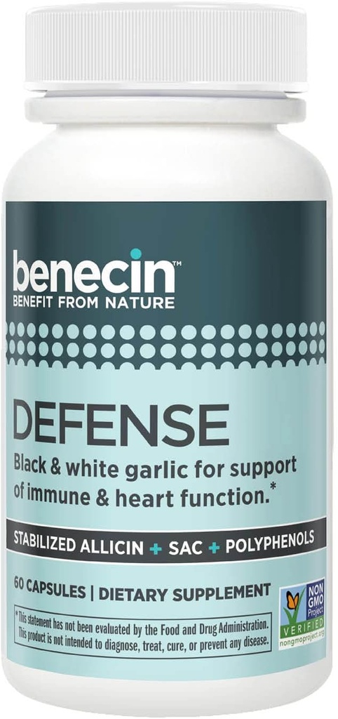 Benecin Defense 1500 mcg Stabilized Allicin per Capsule TEN Plus high Amounts of SAC & Polyphenols from Black Garlic TEN Powerful Support of Immune & Heart Function Vegetarian Caps (1 Count (Pack of 60))