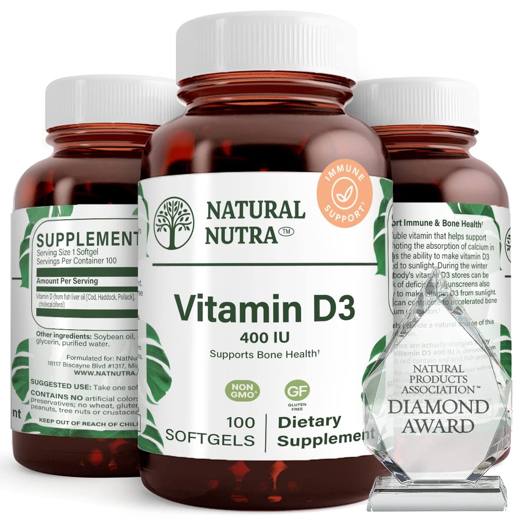 Natural Nutra Supreme Vitamin D3 400 IU Softgels, Ayuda a Boost Immune, Soporte Pulmones Salud, Sunshine Vitamin, Ayuda a mejorar la salud cardiovascular, la fuerza de los huesos y los dientes, libre de gluten, 100 Softgels