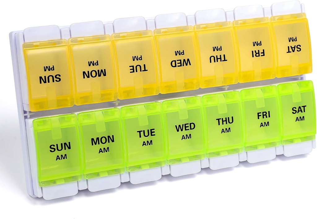Sukuos PM Organizador semanal de píldoras 7 Día, 2 veces una caja de píldoras diarias con botón de empuje fácil, BPA cajas de vitaminas gratis para aceite de pescado/suplementos, fácil de limpiar (yellow limitadaGreen)