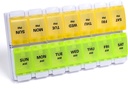 Sukuos PM Organizador semanal de píldoras 7 Día, 2 veces una caja de píldoras diarias con botón de empuje fácil, BPA cajas de vitaminas gratis para aceite de pescado/suplementos, fácil de limpiar (yellow limitadaGreen)
