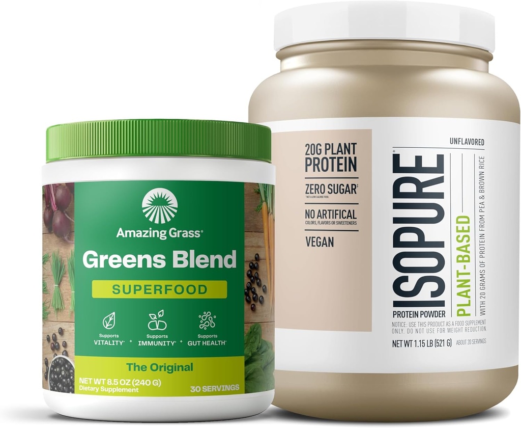 Bundle of Amazing Grass Greens Superfood Powder: Original, 30 Servings + Isopure Unflavored Vegan Protein Powder, Plant Based, Organic Pea Protein, Dairy Free, 20 Servings (Packaging May Vary)